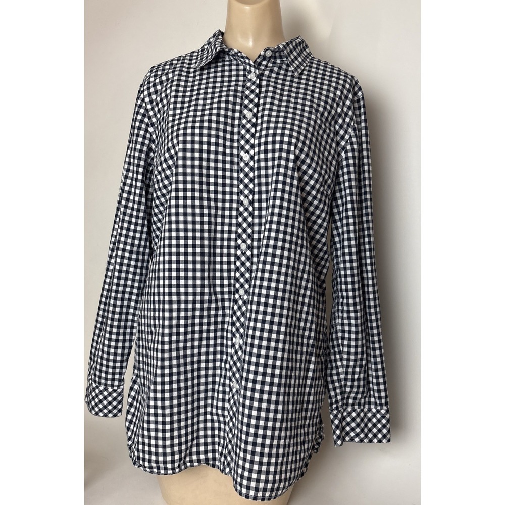 Talbots Black White Gingham Long Slv Collared Button-Up Cotton Shirt L roll tab
